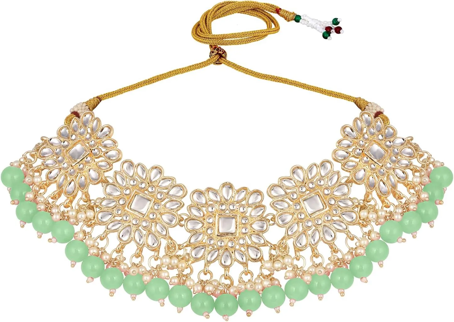 Aabhu Kundan Choker Necklace Set with Earrings & Maang Tikka, Gold-Plated Indian Wedding Jewelry Sets for Women, Traditional Indian Choker Necklace, Bollywood Jewelry, Indian Jewelry Set for Weddings & Parties