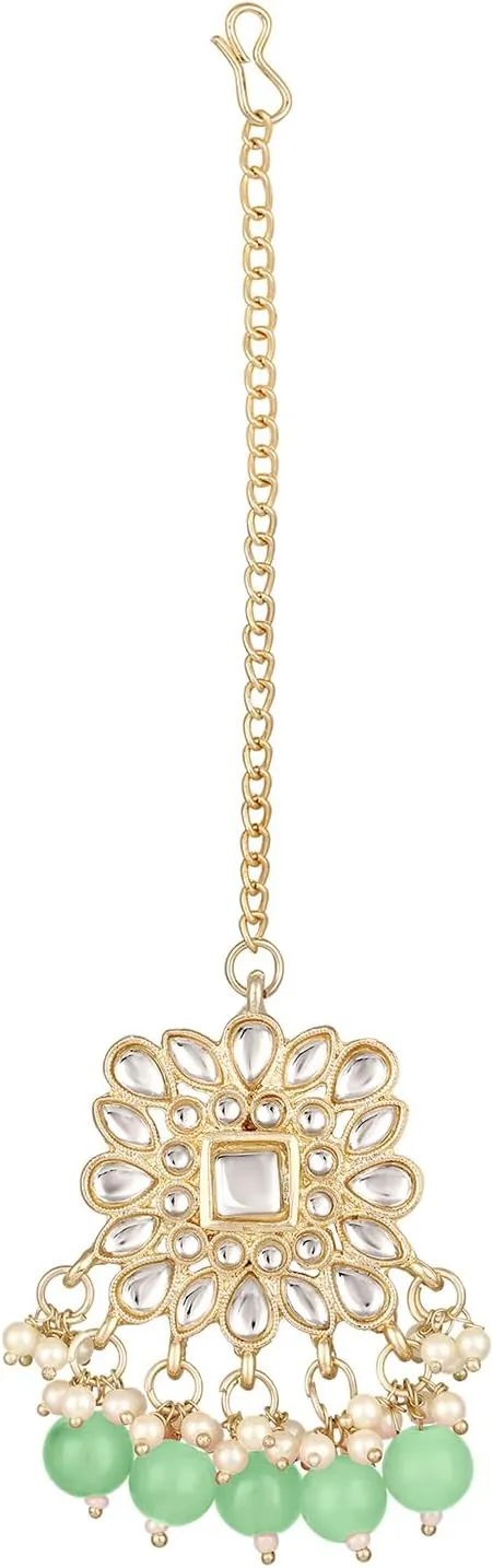 Aabhu Kundan Choker Necklace Set with Earrings & Maang Tikka, Gold-Plated Indian Wedding Jewelry Sets for Women, Traditional Indian Choker Necklace, Bollywood Jewelry, Indian Jewelry Set for Weddings & Parties