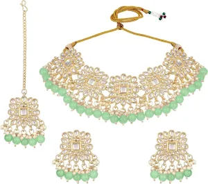 Aabhu Kundan Choker Necklace Set with Earrings & Maang Tikka, Gold-Plated Indian Wedding Jewelry Sets for Women, Traditional Indian Choker Necklace, Bollywood Jewelry, Indian Jewelry Set for Weddings & Parties