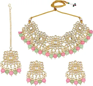 Aabhu Kundan Choker Necklace Set with Earrings & Maang Tikka, Gold-Plated Indian Wedding Jewelry Sets for Women, Traditional Indian Choker Necklace, Bollywood Jewelry, Indian Jewelry Set for Weddings & Parties