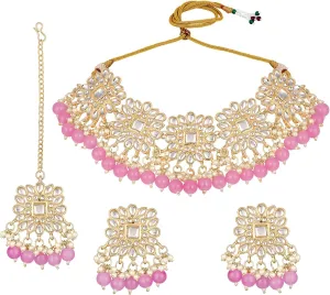 Aabhu Kundan Choker Necklace Set with Earrings & Maang Tikka, Gold-Plated Indian Wedding Jewelry Sets for Women, Traditional Indian Choker Necklace, Bollywood Jewelry, Indian Jewelry Set for Weddings & Parties