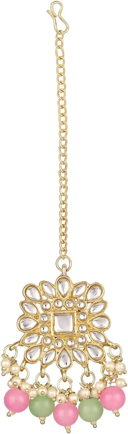 Aabhu Kundan Choker Necklace Set with Earrings & Maang Tikka, Gold-Plated Indian Wedding Jewelry Sets for Women, Traditional Indian Choker Necklace, Bollywood Jewelry, Indian Jewelry Set for Weddings & Parties