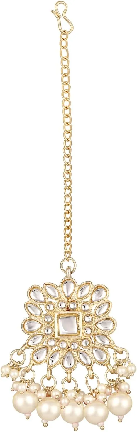 Aabhu Kundan Choker Necklace Set with Earrings & Maang Tikka, Gold-Plated Indian Wedding Jewelry Sets for Women, Traditional Indian Choker Necklace, Bollywood Jewelry, Indian Jewelry Set for Weddings & Parties