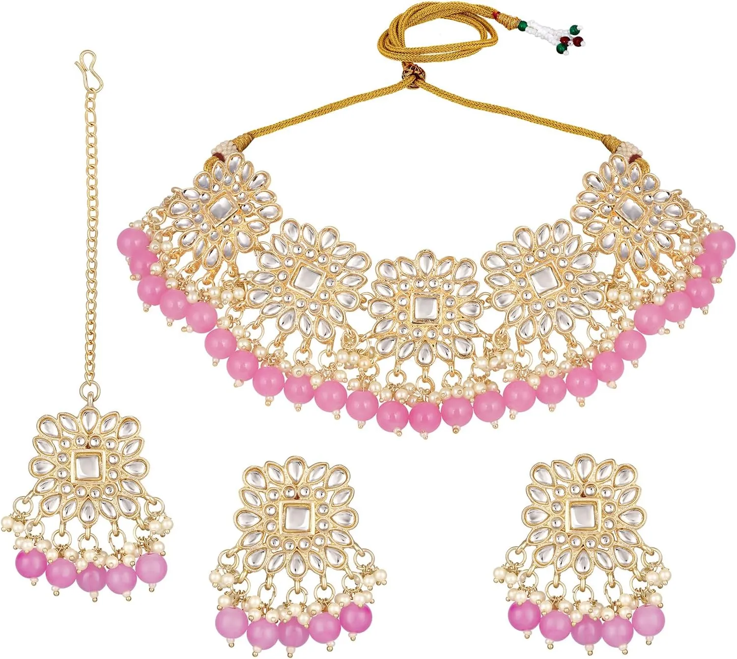 Aabhu Kundan Choker Necklace Set with Earrings & Maang Tikka, Gold-Plated Indian Wedding Jewelry Sets for Women, Traditional Indian Choker Necklace, Bollywood Jewelry, Indian Jewelry Set for Weddings & Parties