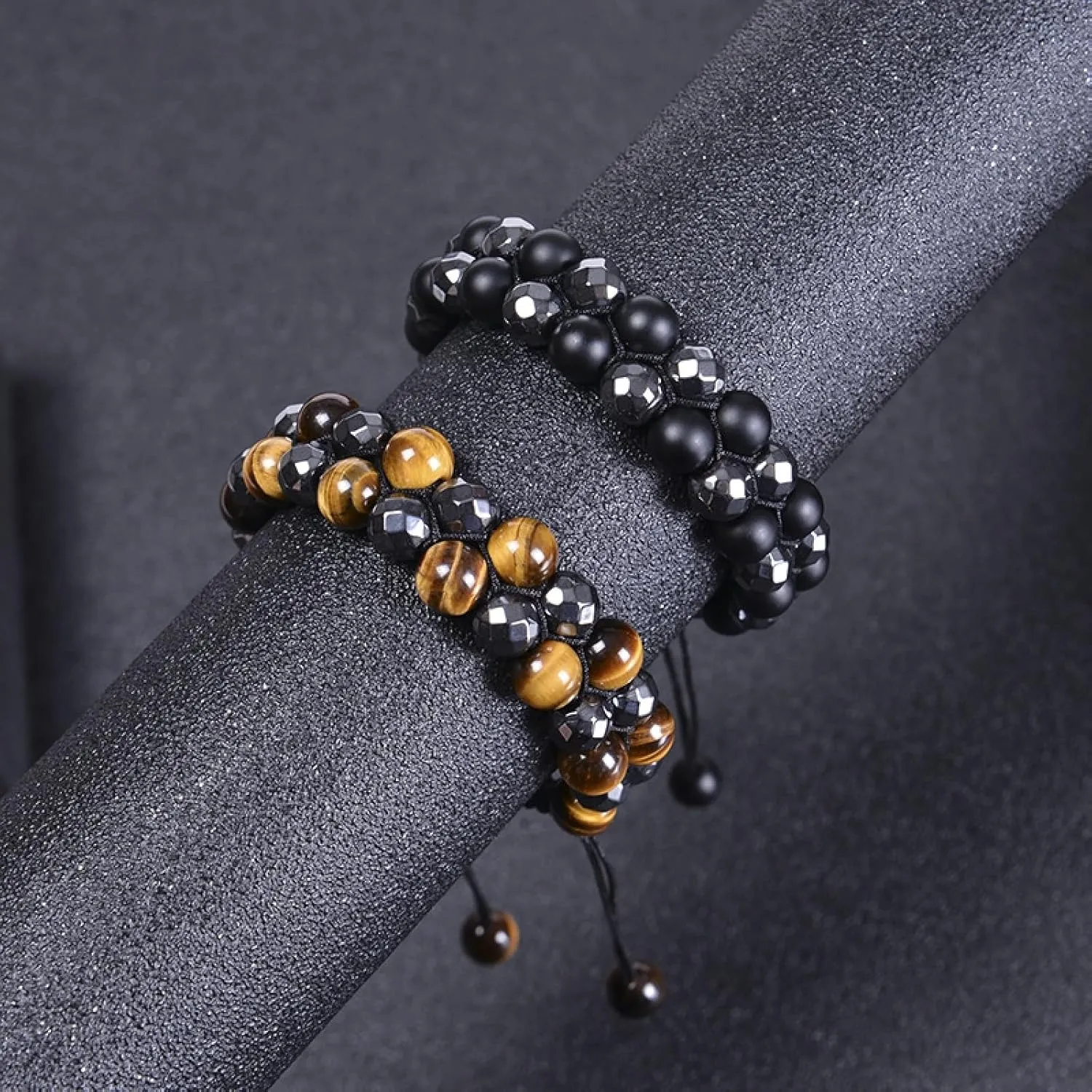Aienid Bangle Bracelets for Men, Tiger's Eye Bracelets Black Brown 8mm 2 Layer Braided Geometric Beaded Bracelet Nature Stone for Women Graduation Jewelry