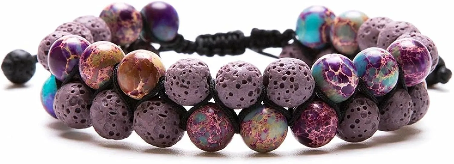 Aienid Bead Bracelet Purple, Lava Rock Stone Bead Bracelet Lava-Rock Two Layers Beaded Braided Bracelet Nature Stone for Men Women Graduation Jewelry