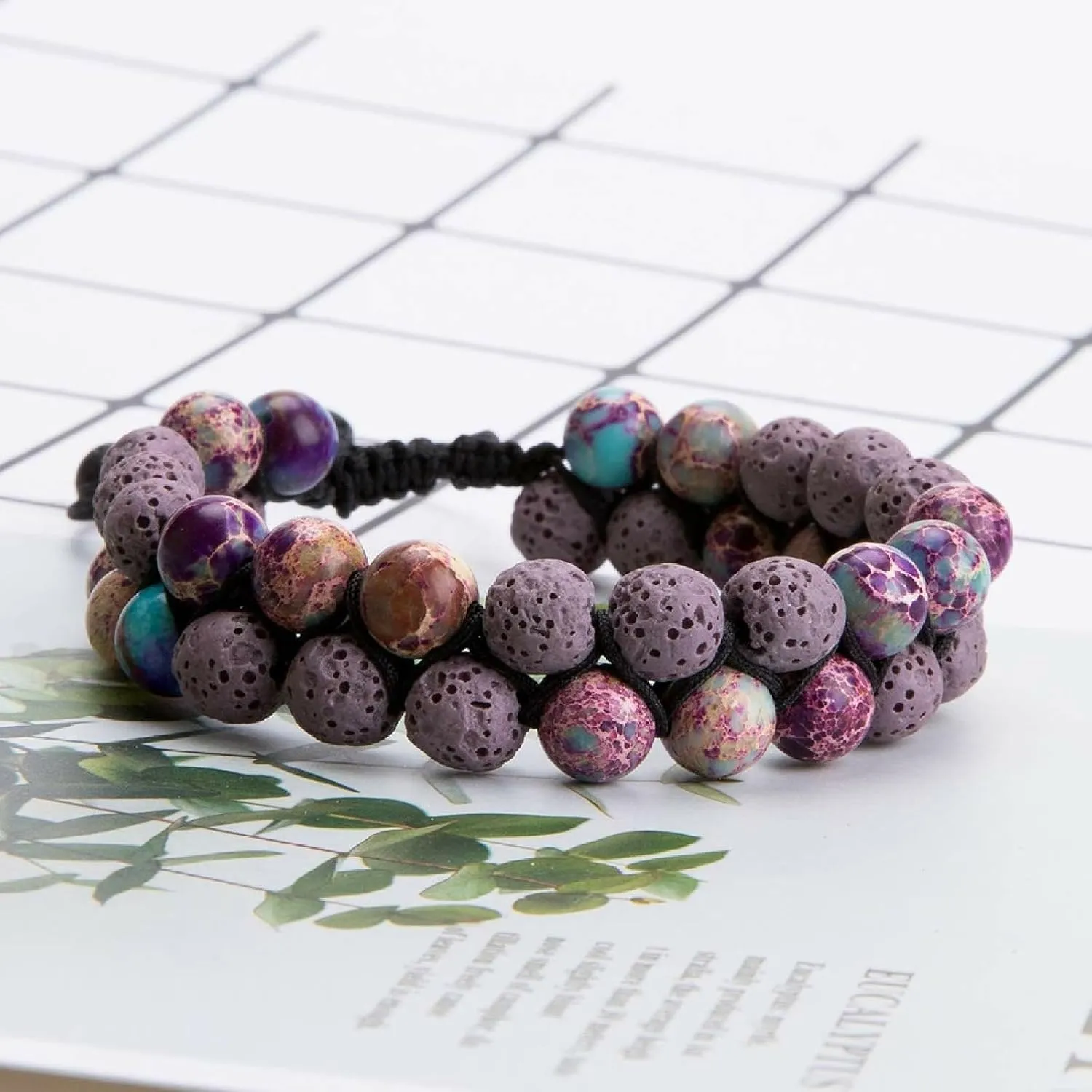 Aienid Bead Bracelet Purple, Lava Rock Stone Bead Bracelet Lava-Rock Two Layers Beaded Braided Bracelet Nature Stone for Men Women Graduation Jewelry
