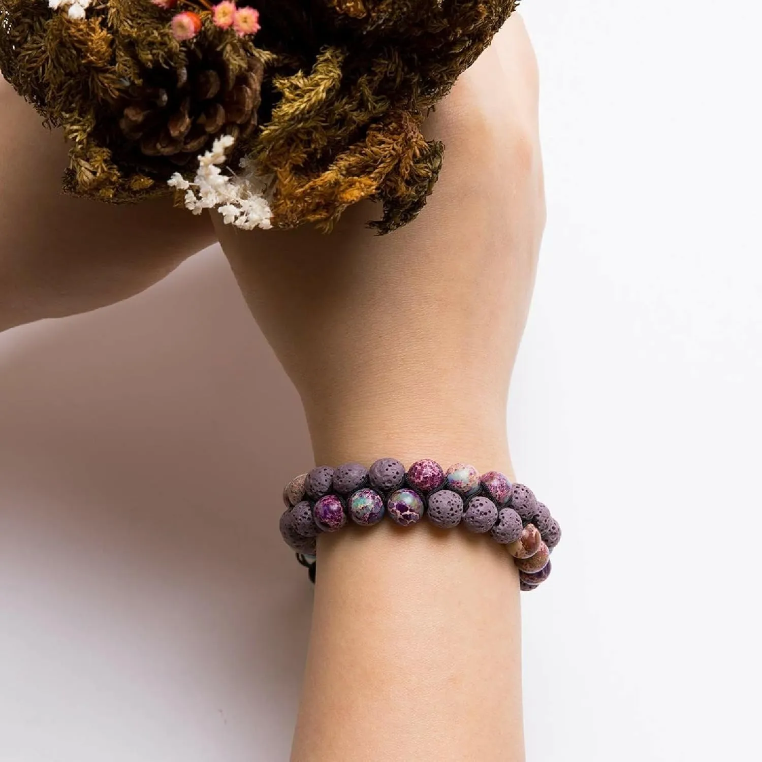 Aienid Bead Bracelet Purple, Lava Rock Stone Bead Bracelet Lava-Rock Two Layers Beaded Braided Bracelet Nature Stone for Men Women Graduation Jewelry