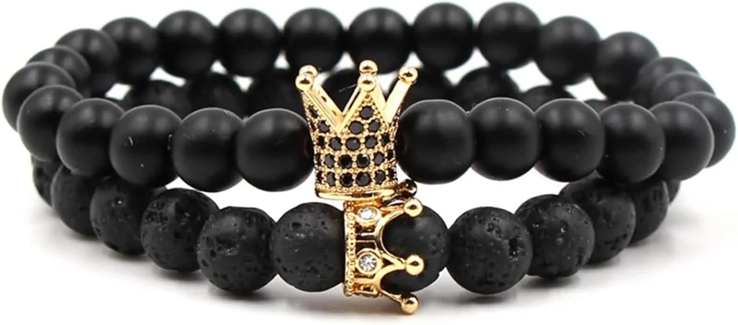 Aienid Crown Bracelet, Bracelet Beads Glass Black White Cubic-Zirconia 2PCS Set Crown Bracelets for Couple Metal Nature Stone for Men Women Engagement