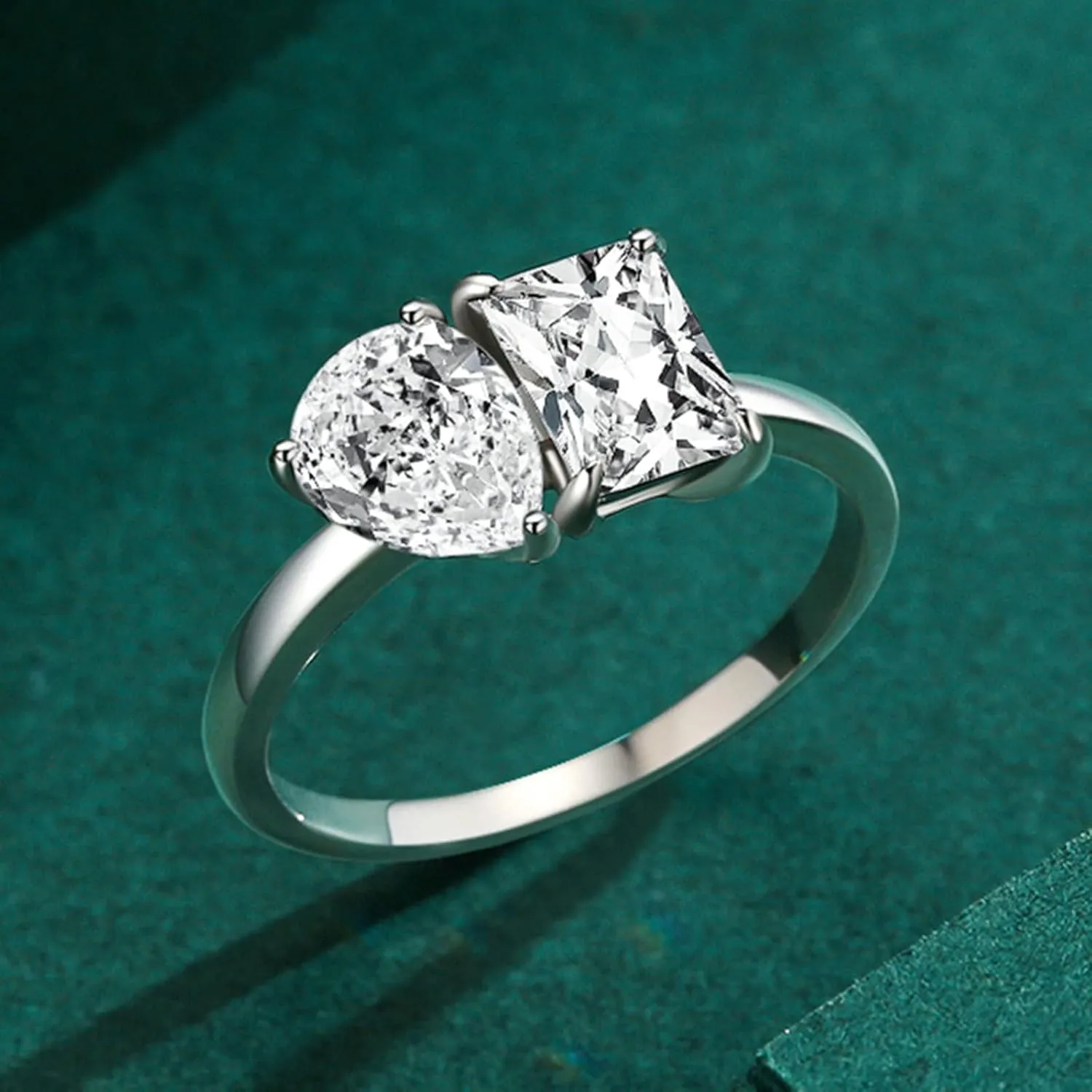 Aienid S925 Sterling Silver Bands Ring, Engagement Rings and Wedding Bands 2 Stone Teardrop Silver Ring