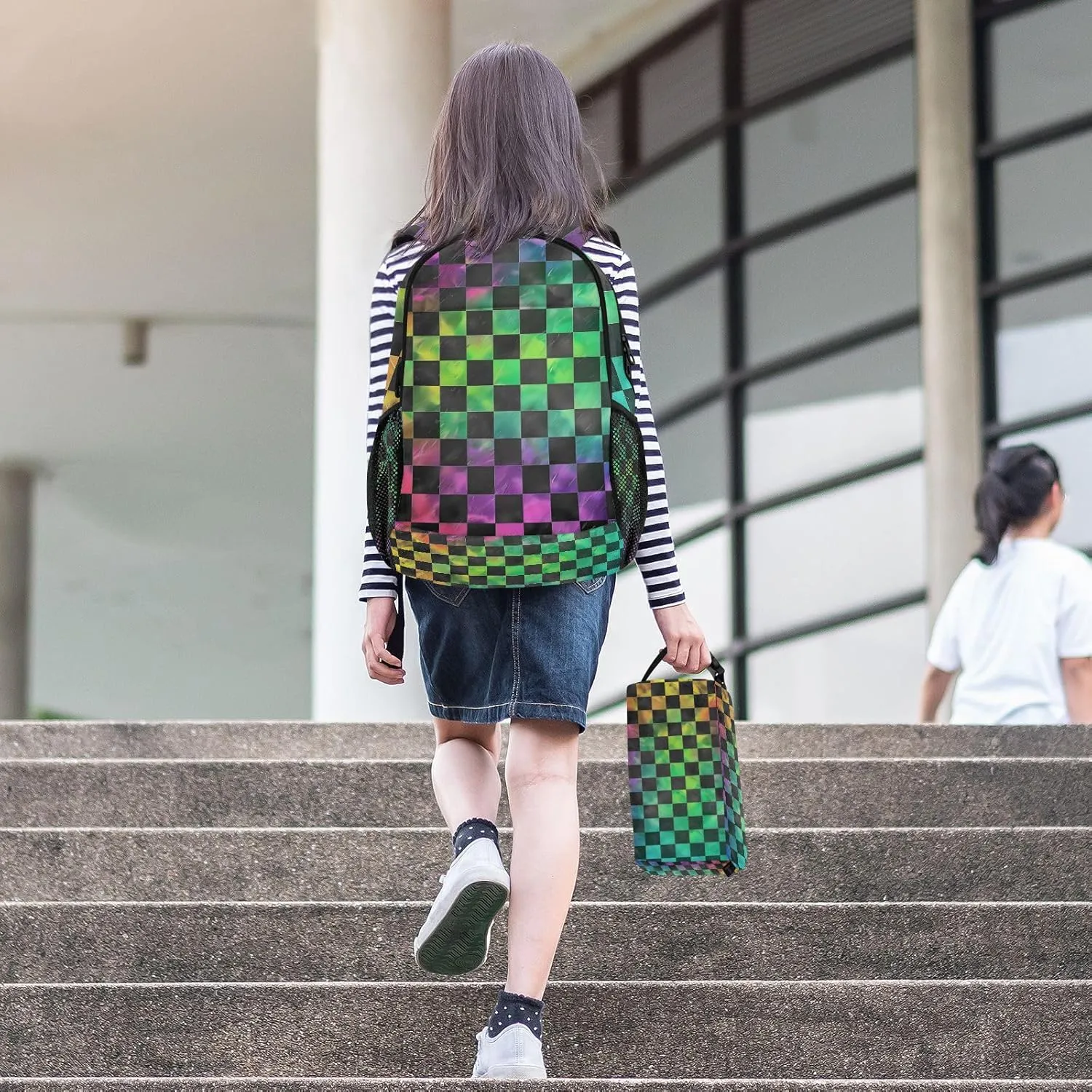 ALAZA Black Green Checkered Rainbow Gradient Backpack and Lunch Bag Set School Bag Bookbag Casual Daypacks for Kids Girls Boys Teens