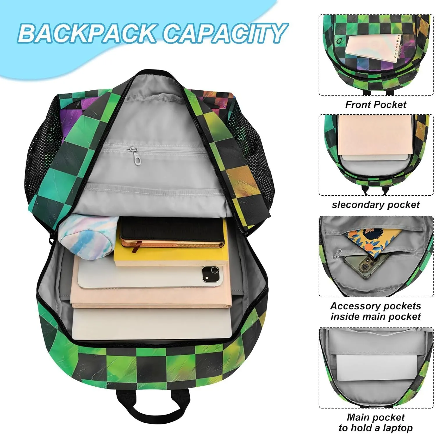 ALAZA Black Green Checkered Rainbow Gradient Backpack and Lunch Bag Set School Bag Bookbag Casual Daypacks for Kids Girls Boys Teens