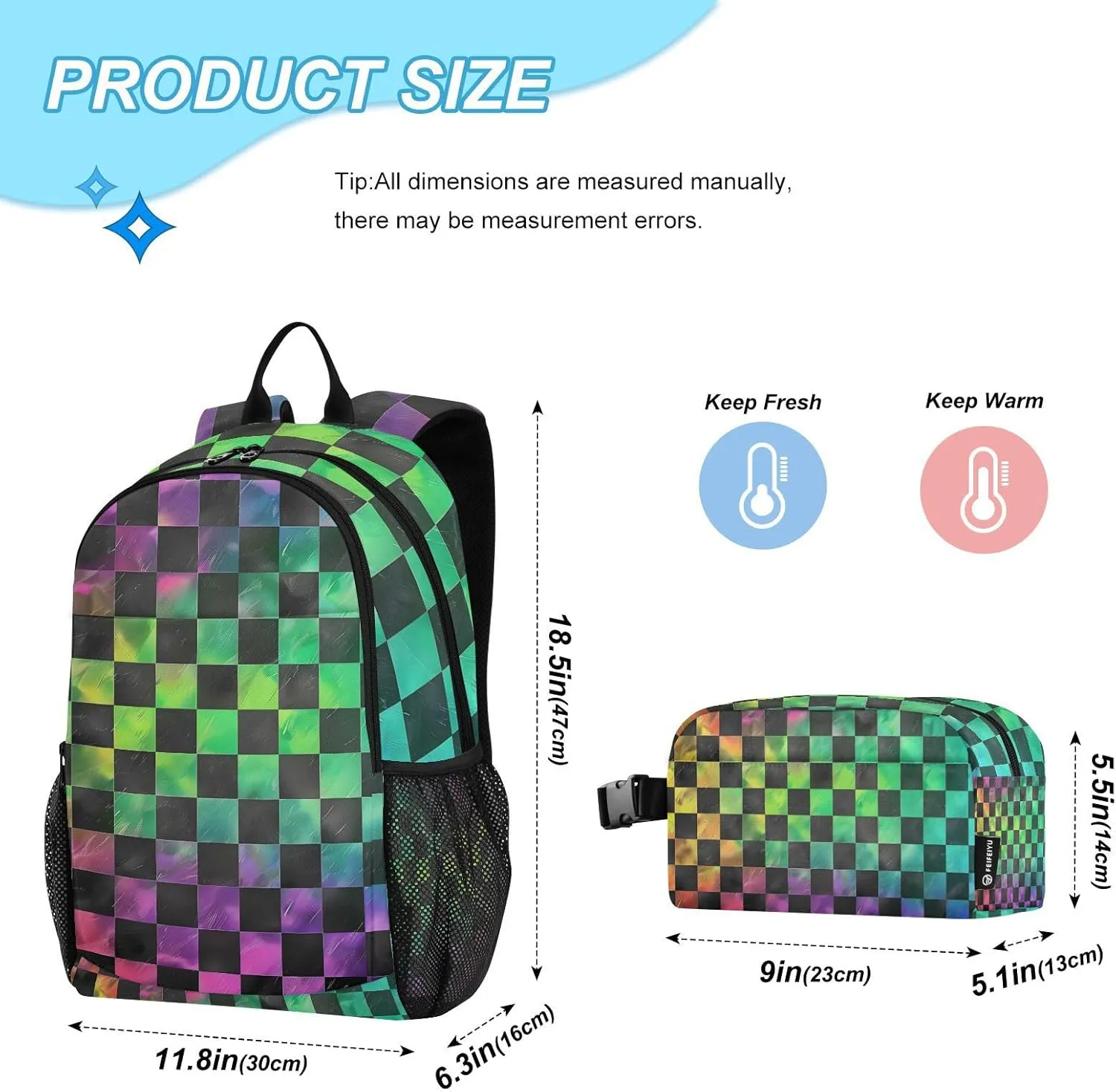 ALAZA Black Green Checkered Rainbow Gradient Backpack and Lunch Bag Set School Bag Bookbag Casual Daypacks for Kids Girls Boys Teens