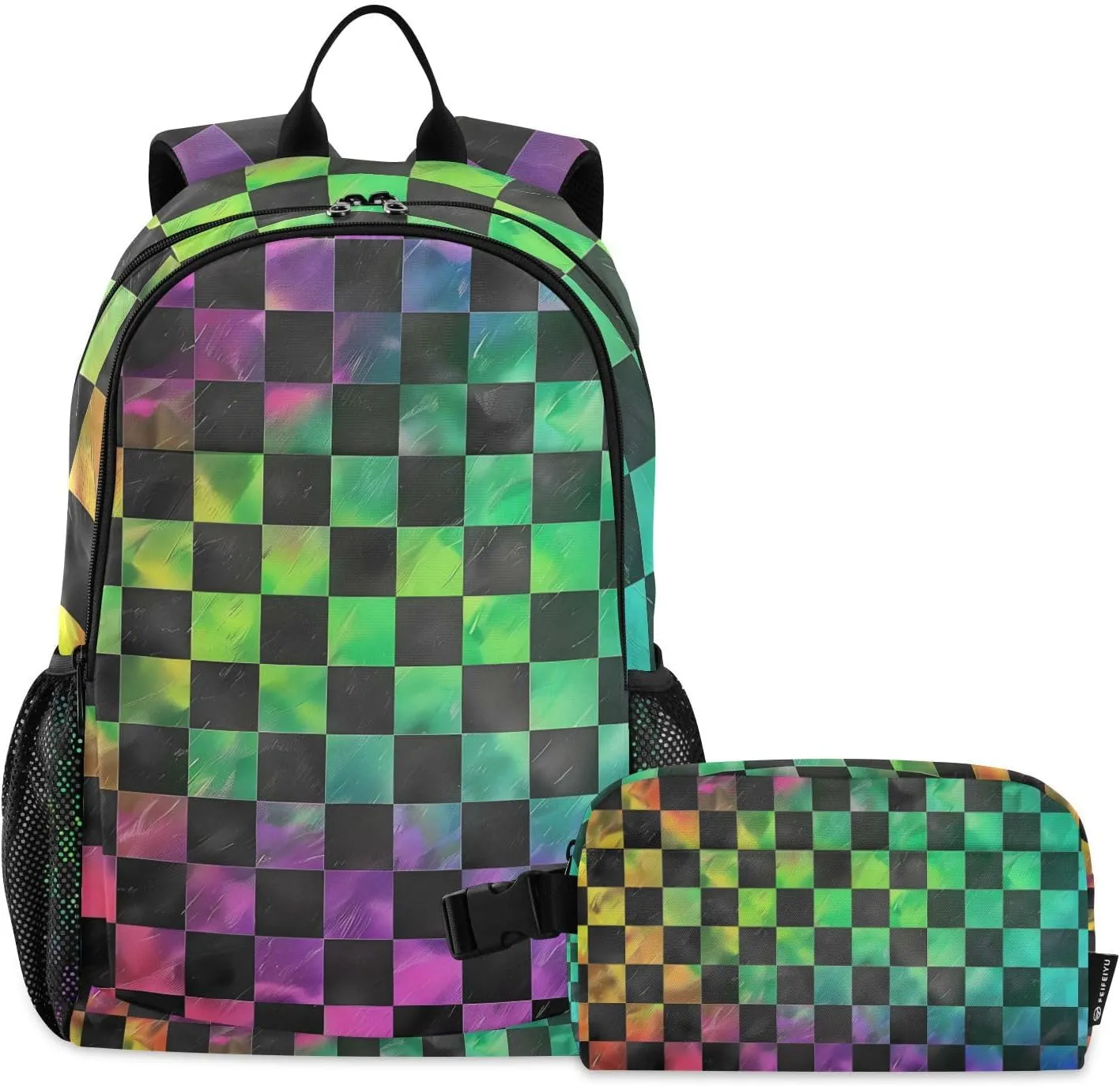 ALAZA Black Green Checkered Rainbow Gradient Backpack and Lunch Bag Set School Bag Bookbag Casual Daypacks for Kids Girls Boys Teens