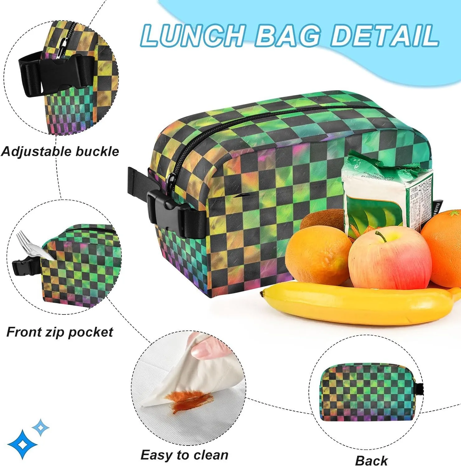 ALAZA Black Green Checkered Rainbow Gradient Backpack and Lunch Bag Set School Bag Bookbag Casual Daypacks for Kids Girls Boys Teens