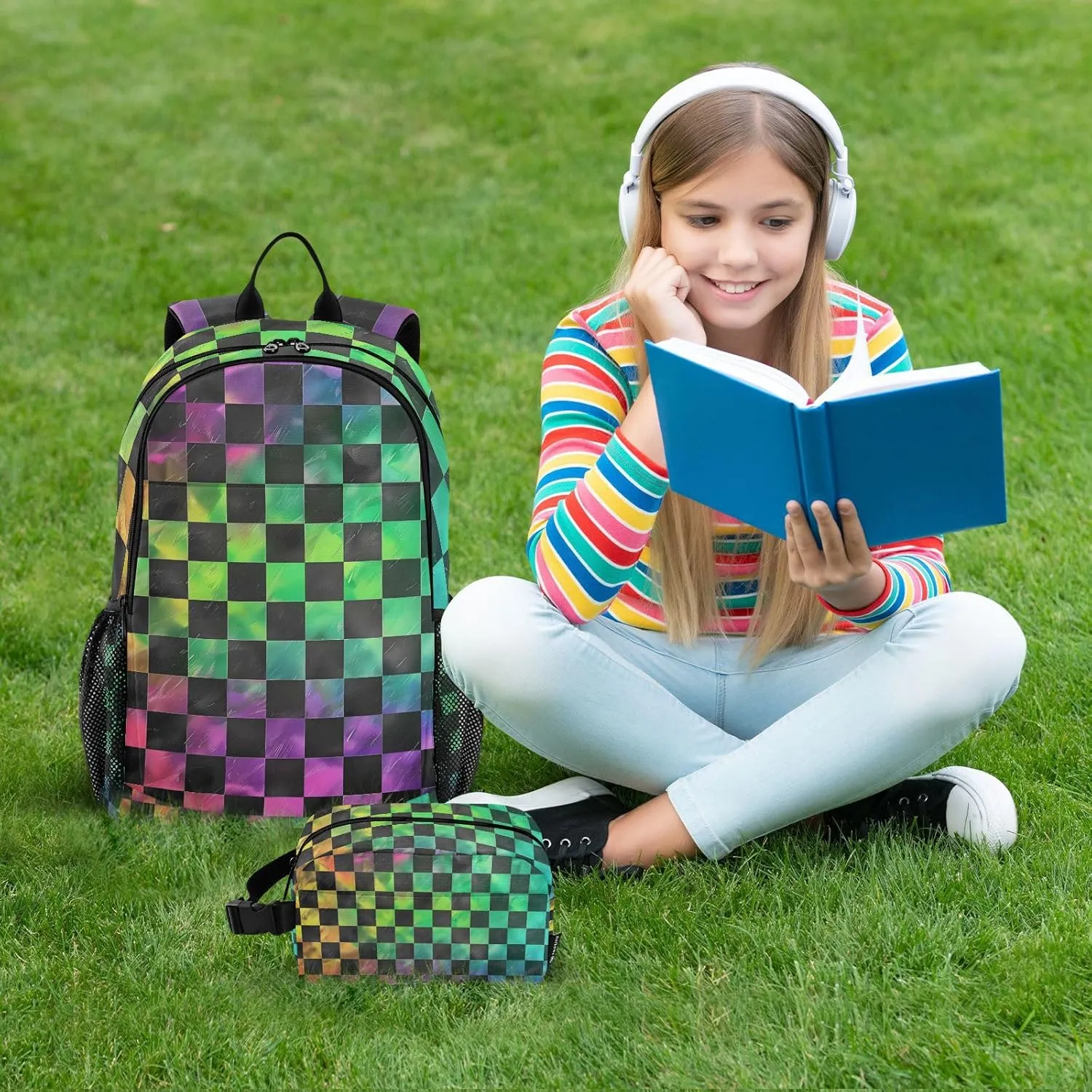 ALAZA Black Green Checkered Rainbow Gradient Backpack and Lunch Bag Set School Bag Bookbag Casual Daypacks for Kids Girls Boys Teens
