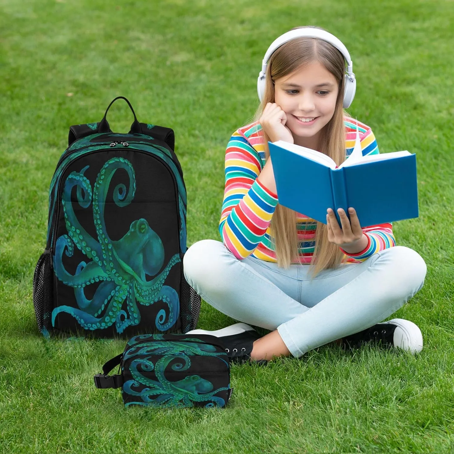 ALAZA Blue Watercolor Octopus Backpackand Lunch Bag Set School Bag Bookbag Casual Daypacks for Kids Girls Boys Teens