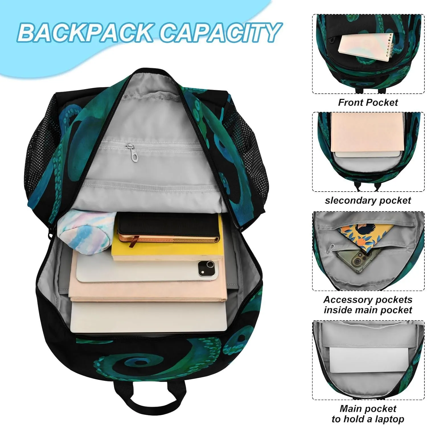 ALAZA Blue Watercolor Octopus Backpackand Lunch Bag Set School Bag Bookbag Casual Daypacks for Kids Girls Boys Teens