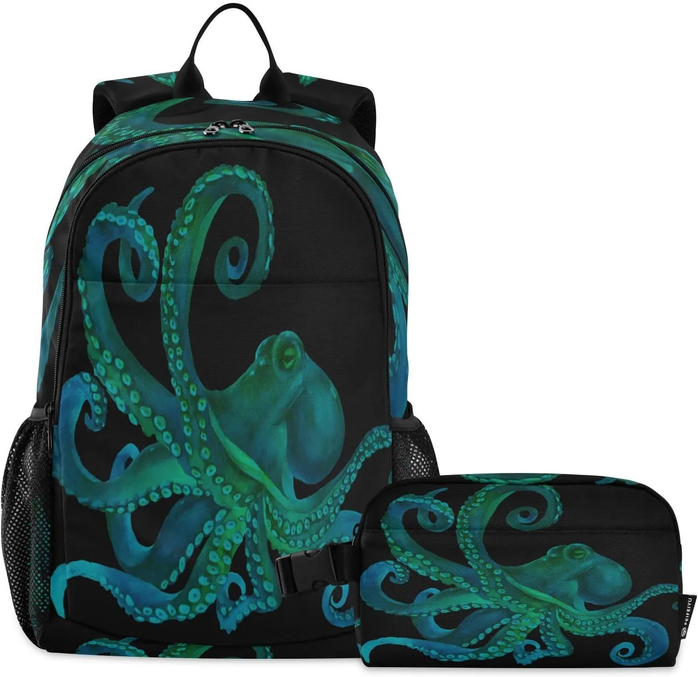 ALAZA Blue Watercolor Octopus Backpackand Lunch Bag Set School Bag Bookbag Casual Daypacks for Kids Girls Boys Teens