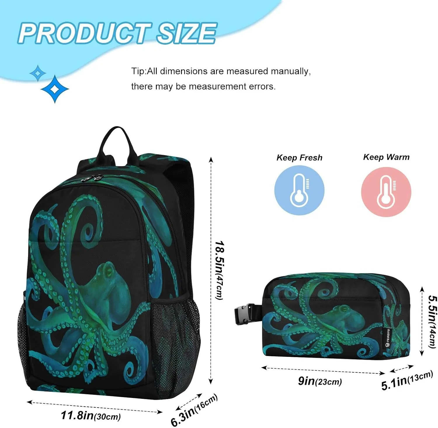 ALAZA Blue Watercolor Octopus Backpackand Lunch Bag Set School Bag Bookbag Casual Daypacks for Kids Girls Boys Teens