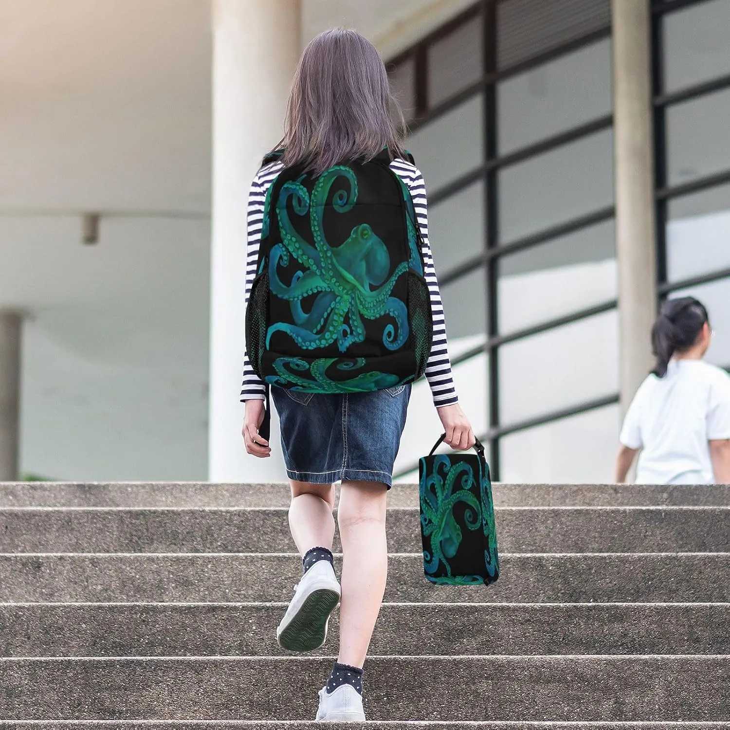 ALAZA Blue Watercolor Octopus Backpackand Lunch Bag Set School Bag Bookbag Casual Daypacks for Kids Girls Boys Teens