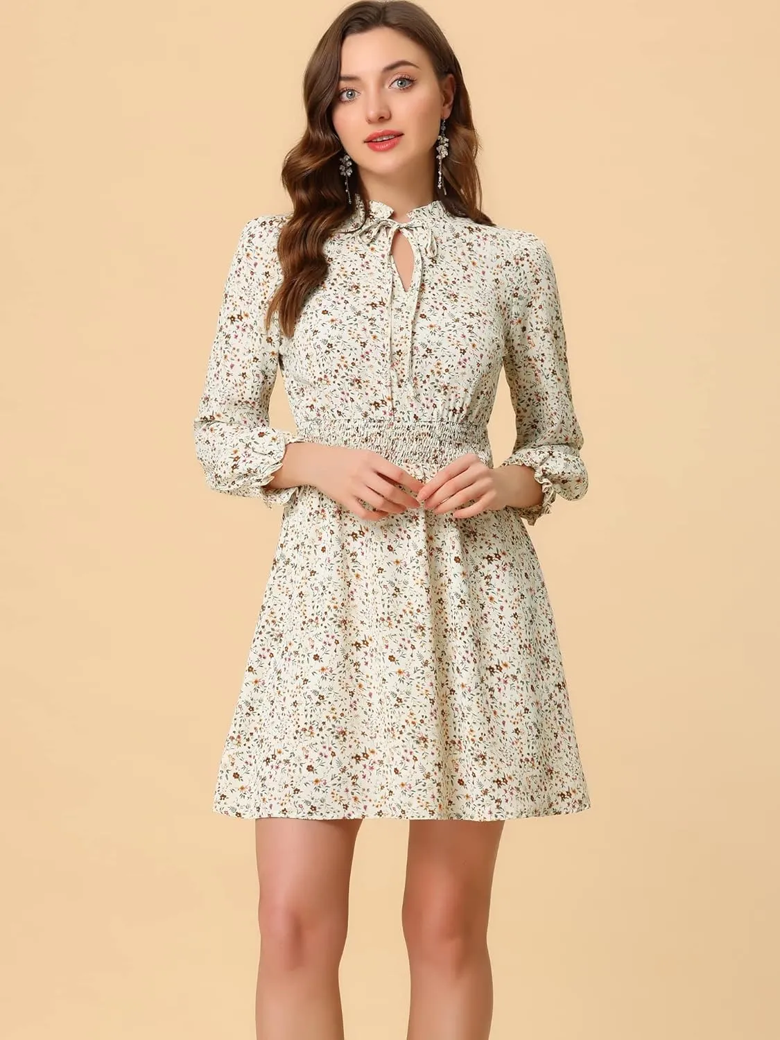 Allegra K Women's Smocked Waist Tie Neck Floral Long Sleeve Dress