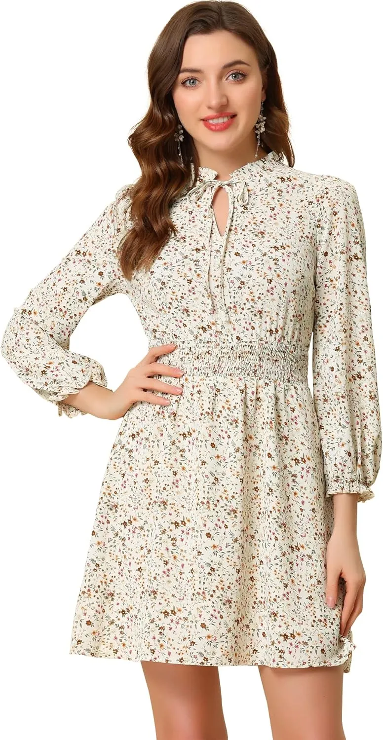 Allegra K Women's Smocked Waist Tie Neck Floral Long Sleeve Dress