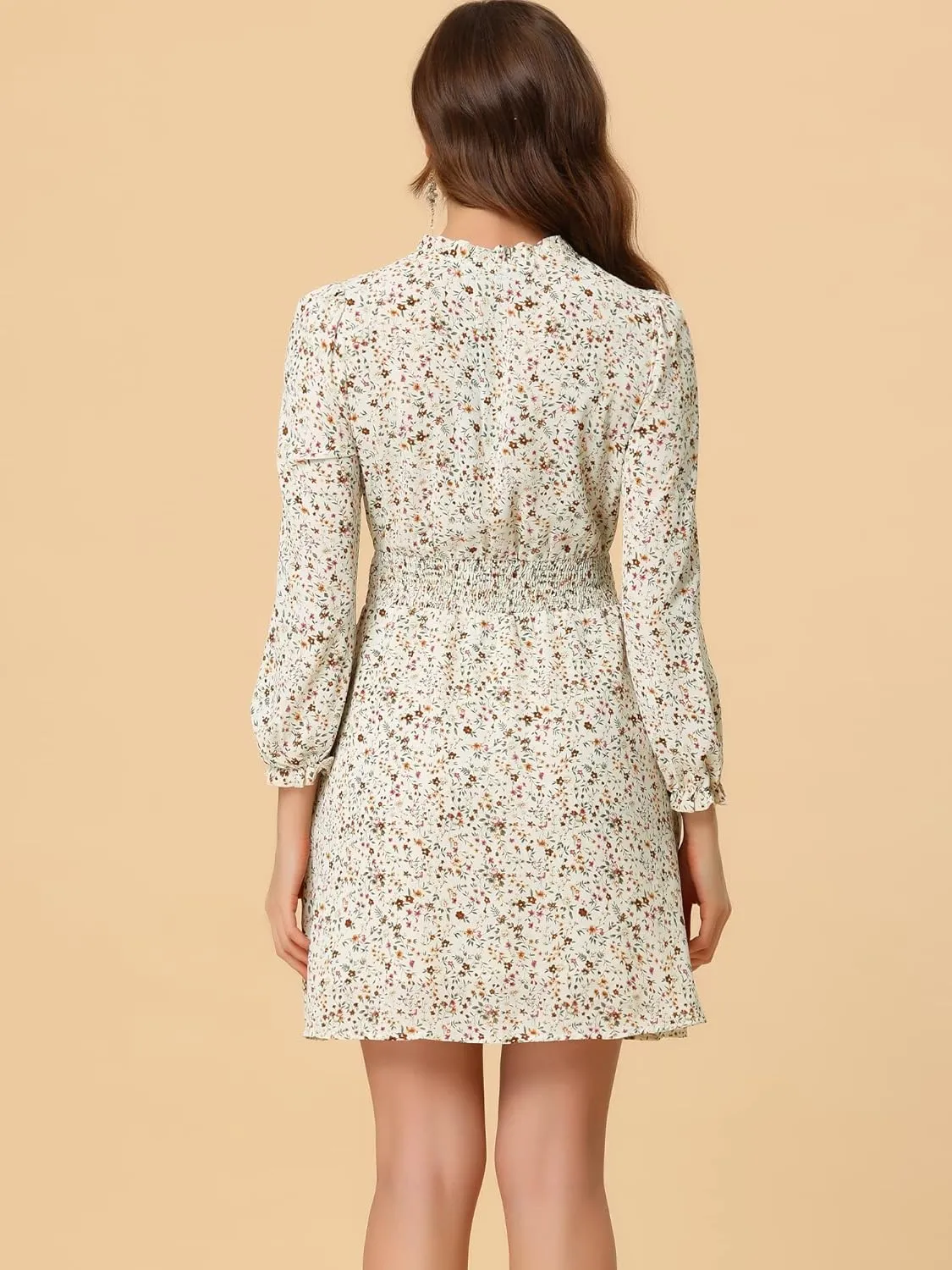Allegra K Women's Smocked Waist Tie Neck Floral Long Sleeve Dress
