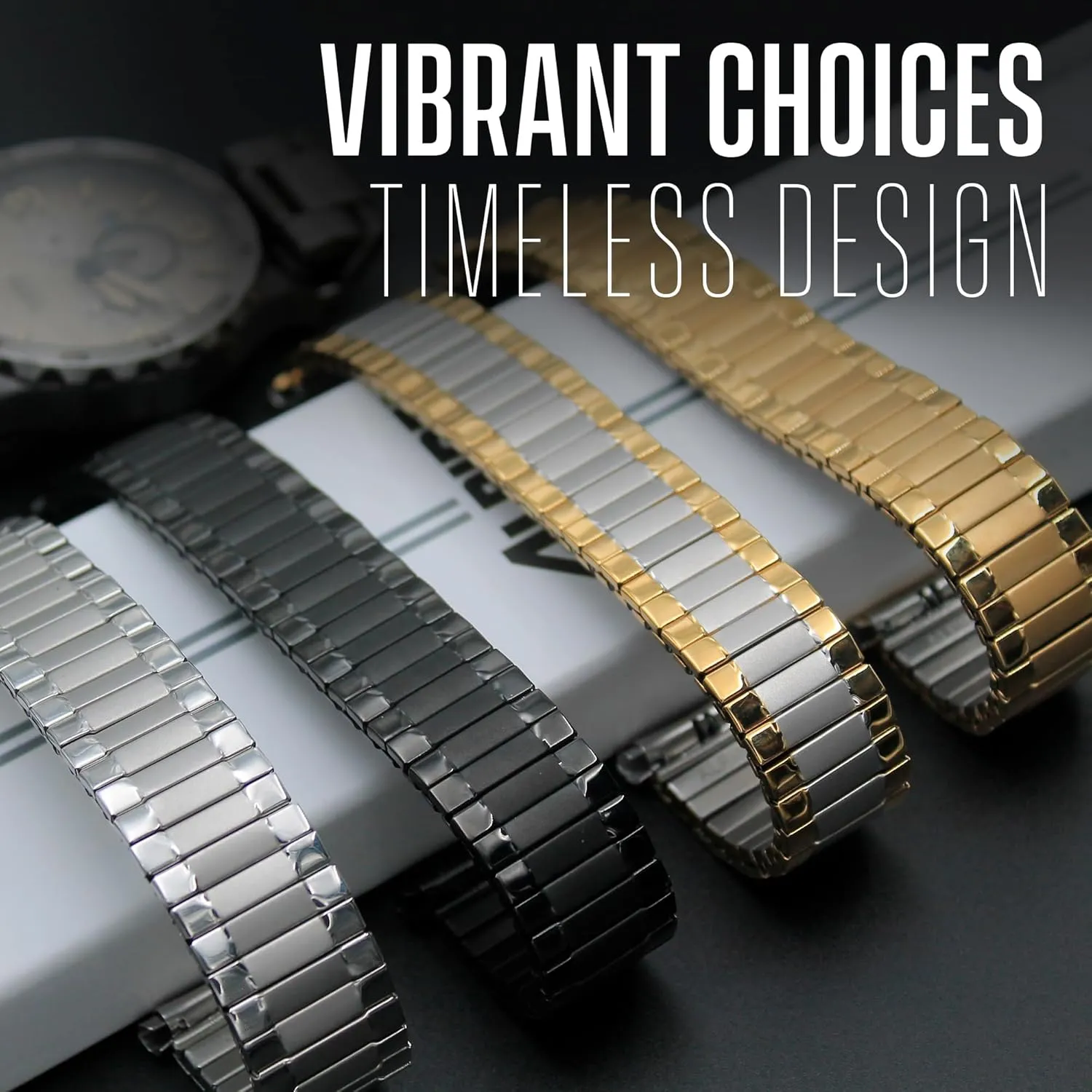 Alpine Stainless Steel Expansion Watch Band - Mens Stretch & Wrist Watch Band with Squeeze Ends - Flexible Replacement Watch Bands for Women & Men - Compatible with Regular & Smart Watch Strap
