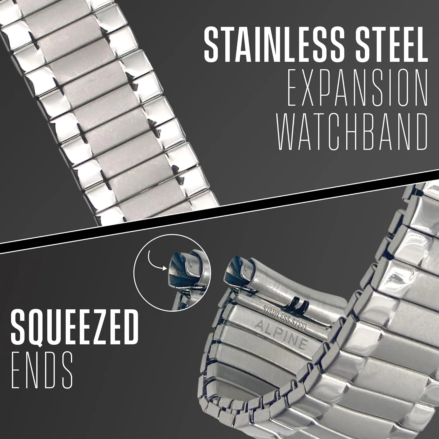 Alpine Stainless Steel Expansion Watch Band - Mens Stretch & Wrist Watch Band with Squeeze Ends - Flexible Replacement Watch Bands for Women & Men - Compatible with Regular & Smart Watch Strap
