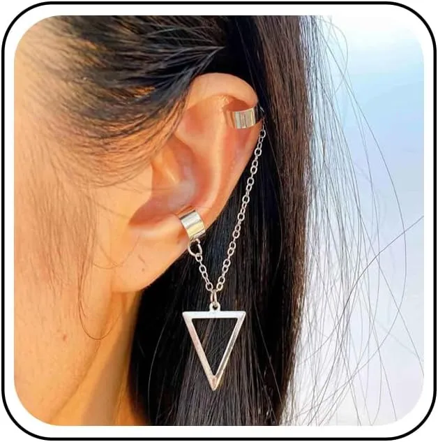 Andelaisi Boho Triangle Tassel Chain Earrings Silver Cartilage Chain Earring Vintage Chain Crawler Climber Earrings Geometric Triangle Dangle Drop Earring Jewelry for Women