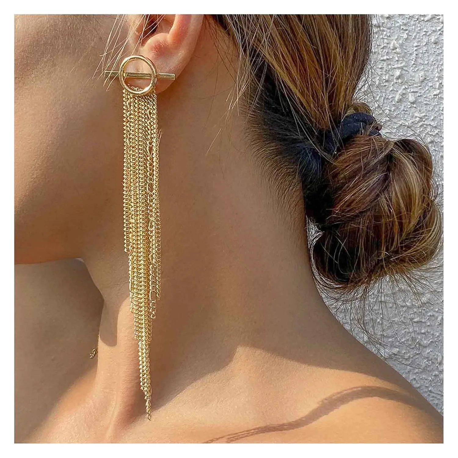 Andelaisi Punk Chain Tassel Earrings Gold Long Chain Drop Earrings Vintage Tassel Chain Dangle Earrings Geometric Circle Bar Earrings Jewelry for Wedding Party