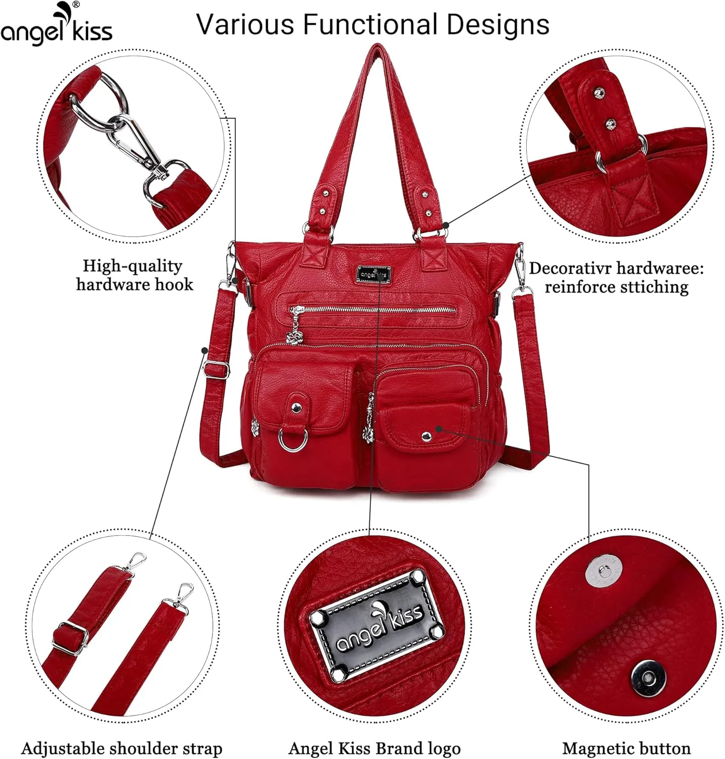 Angelkiss Purses Handbags for Women PU Tote Satchel Bags for Women Pockets Shoulder Bags