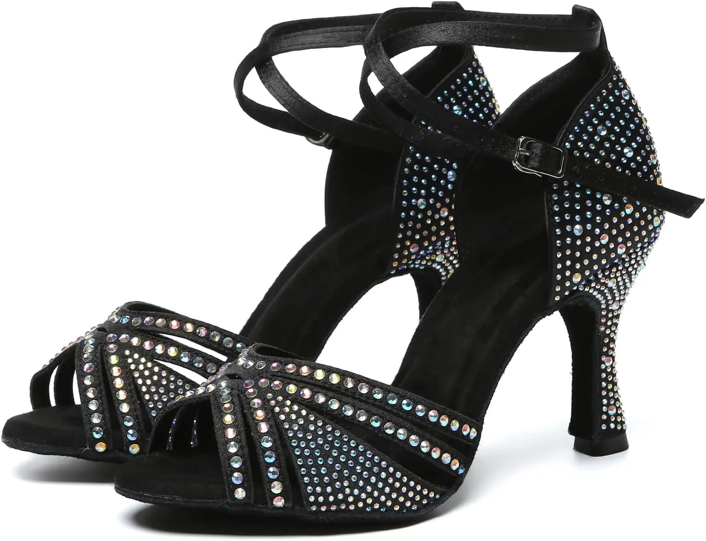 AOQUNFS Rhinestones Latin Dance Shoes Satin Ballroom Salsa Practice Performance Dance Shoes for Women