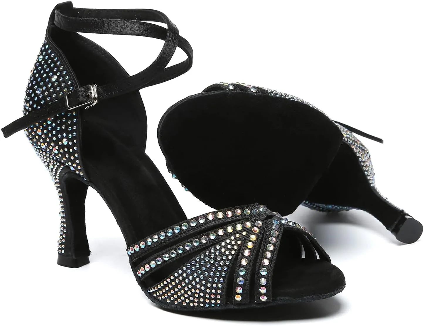 AOQUNFS Rhinestones Latin Dance Shoes Satin Ballroom Salsa Practice Performance Dance Shoes for Women