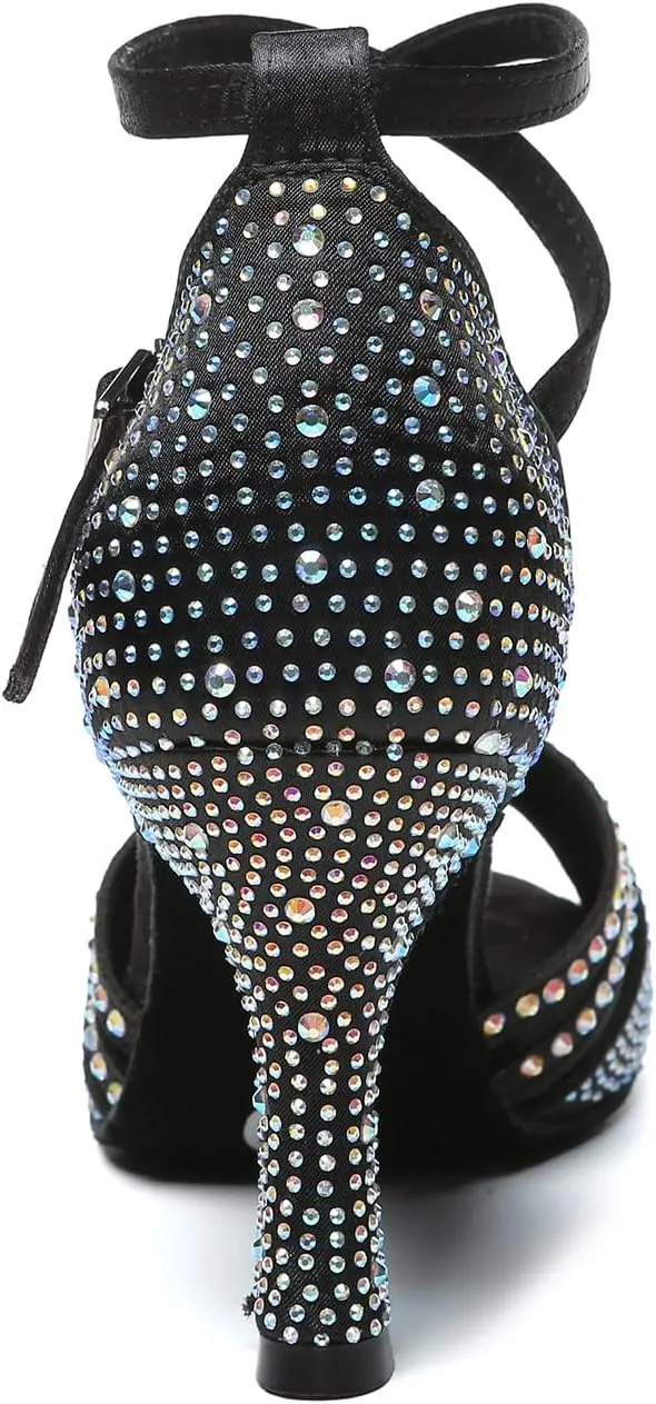 AOQUNFS Rhinestones Latin Dance Shoes Satin Ballroom Salsa Practice Performance Dance Shoes for Women