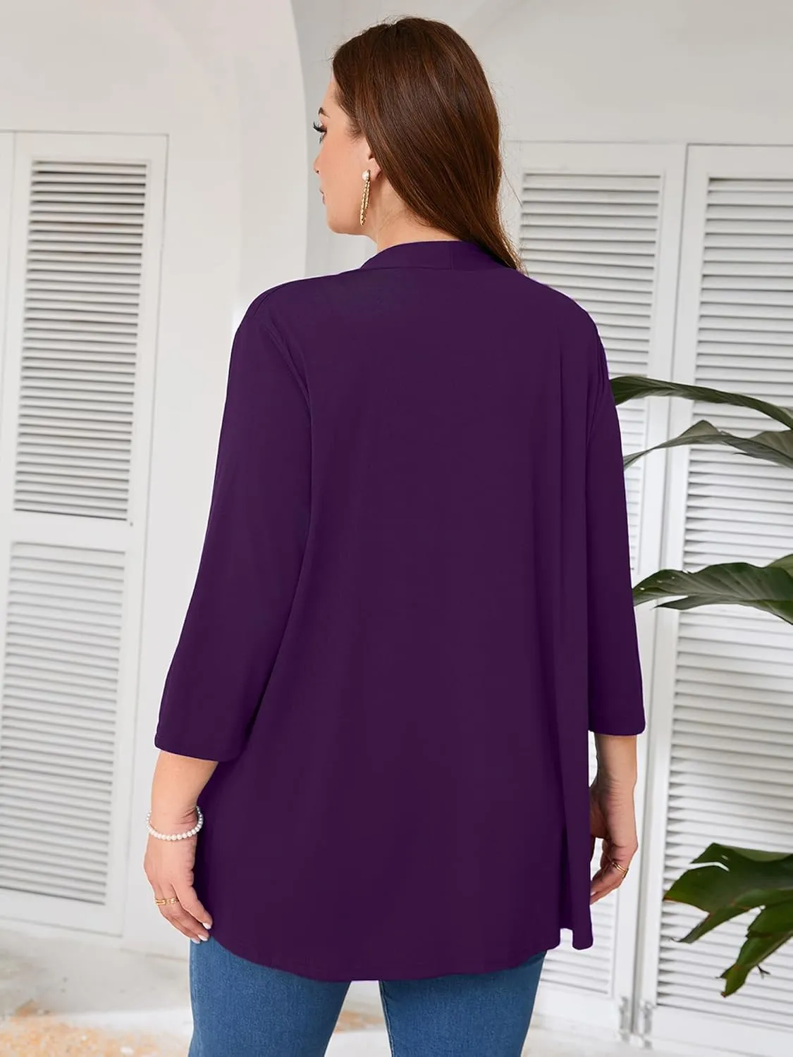 AusLook Women's Plus Size Lightweight Open Front Cardigan 3/4 Sleeve Cover Ups Shrugs Shawls and Wraps Kimono Jacket Coat