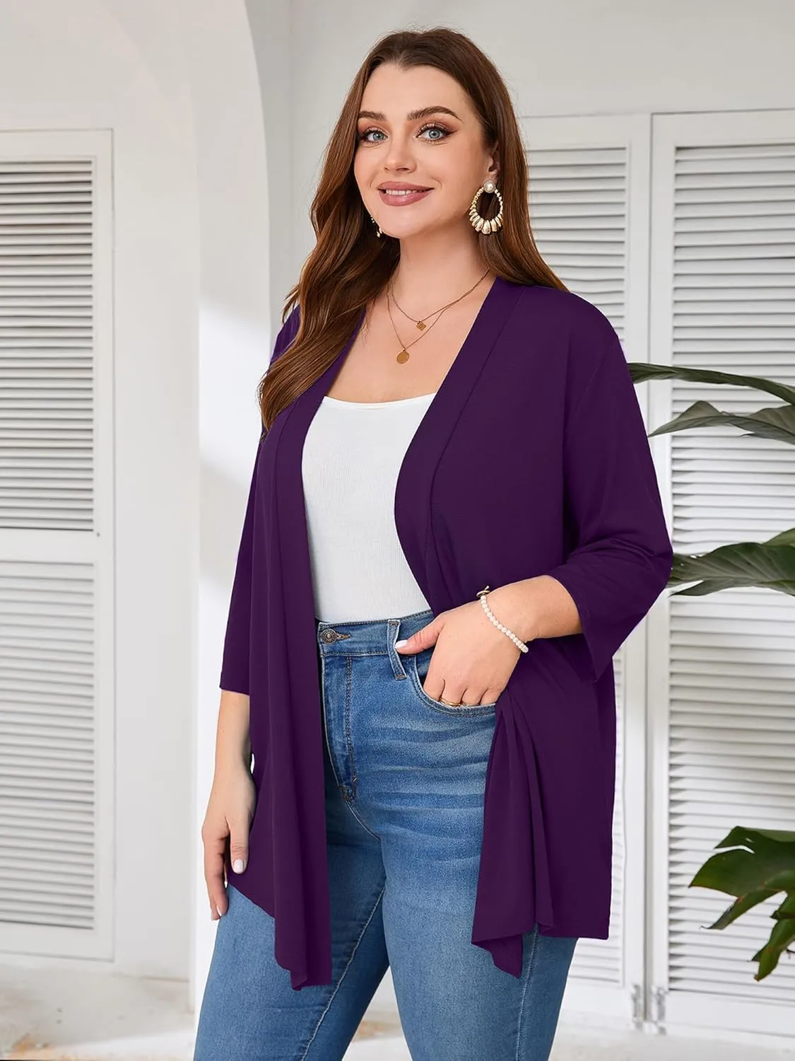AusLook Women's Plus Size Lightweight Open Front Cardigan 3/4 Sleeve Cover Ups Shrugs Shawls and Wraps Kimono Jacket Coat