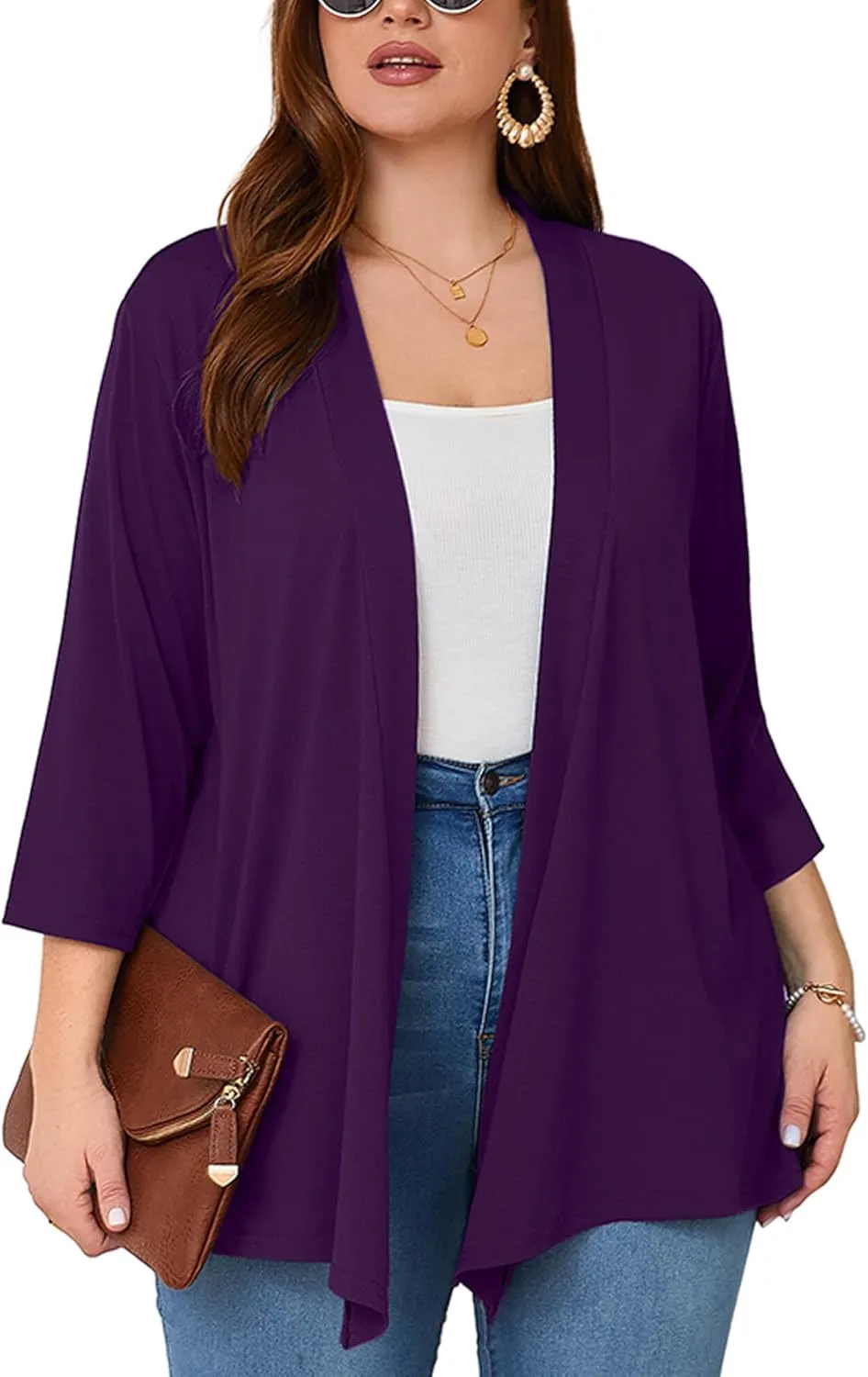 AusLook Women's Plus Size Lightweight Open Front Cardigan 3/4 Sleeve Cover Ups Shrugs Shawls and Wraps Kimono Jacket Coat