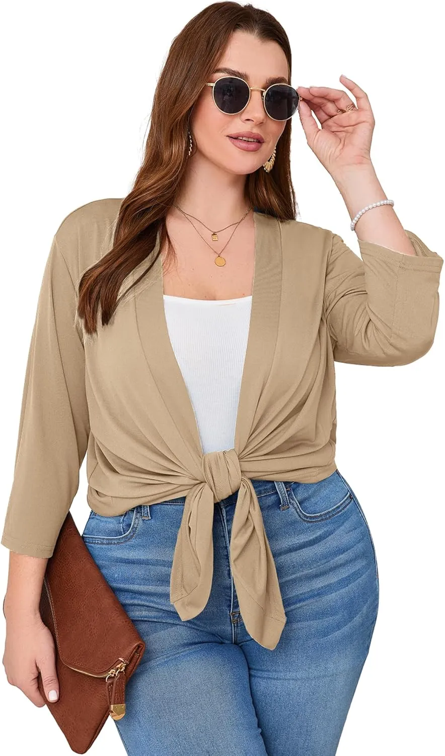 AusLook Women's Plus Size Lightweight Open Front Cardigan 3/4 Sleeve Cover Ups Shrugs Shawls and Wraps Kimono Jacket Coat