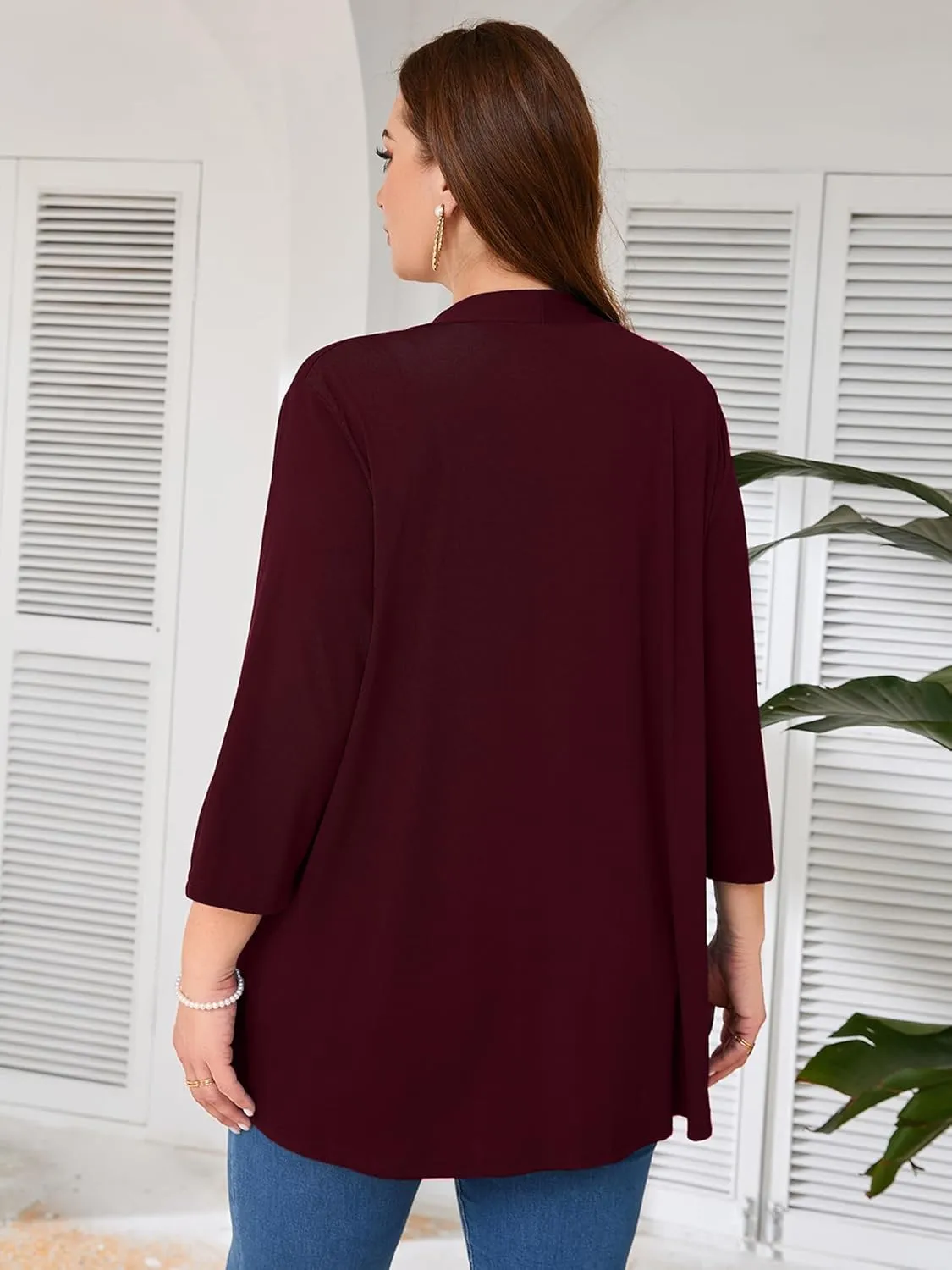 AusLook Women's Plus Size Lightweight Open Front Cardigan 3/4 Sleeve Cover Ups Shrugs Shawls and Wraps Kimono Jacket Coat