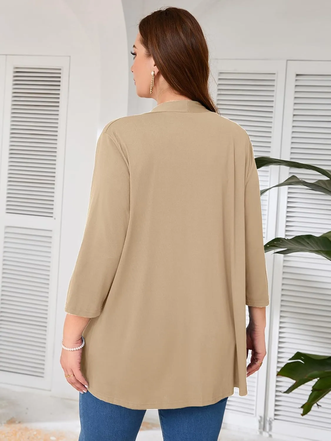 AusLook Women's Plus Size Lightweight Open Front Cardigan 3/4 Sleeve Cover Ups Shrugs Shawls and Wraps Kimono Jacket Coat