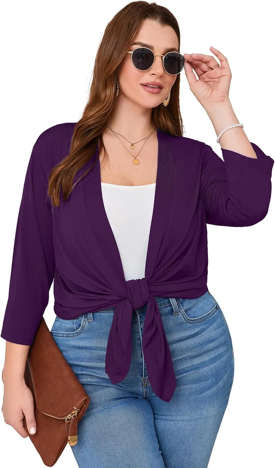 AusLook Women's Plus Size Lightweight Open Front Cardigan 3/4 Sleeve Cover Ups Shrugs Shawls and Wraps Kimono Jacket Coat