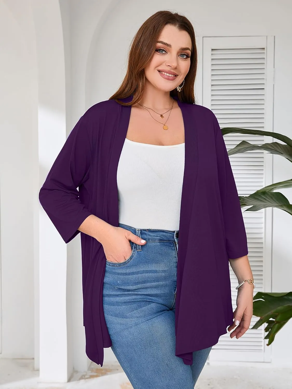 AusLook Women's Plus Size Lightweight Open Front Cardigan 3/4 Sleeve Cover Ups Shrugs Shawls and Wraps Kimono Jacket Coat