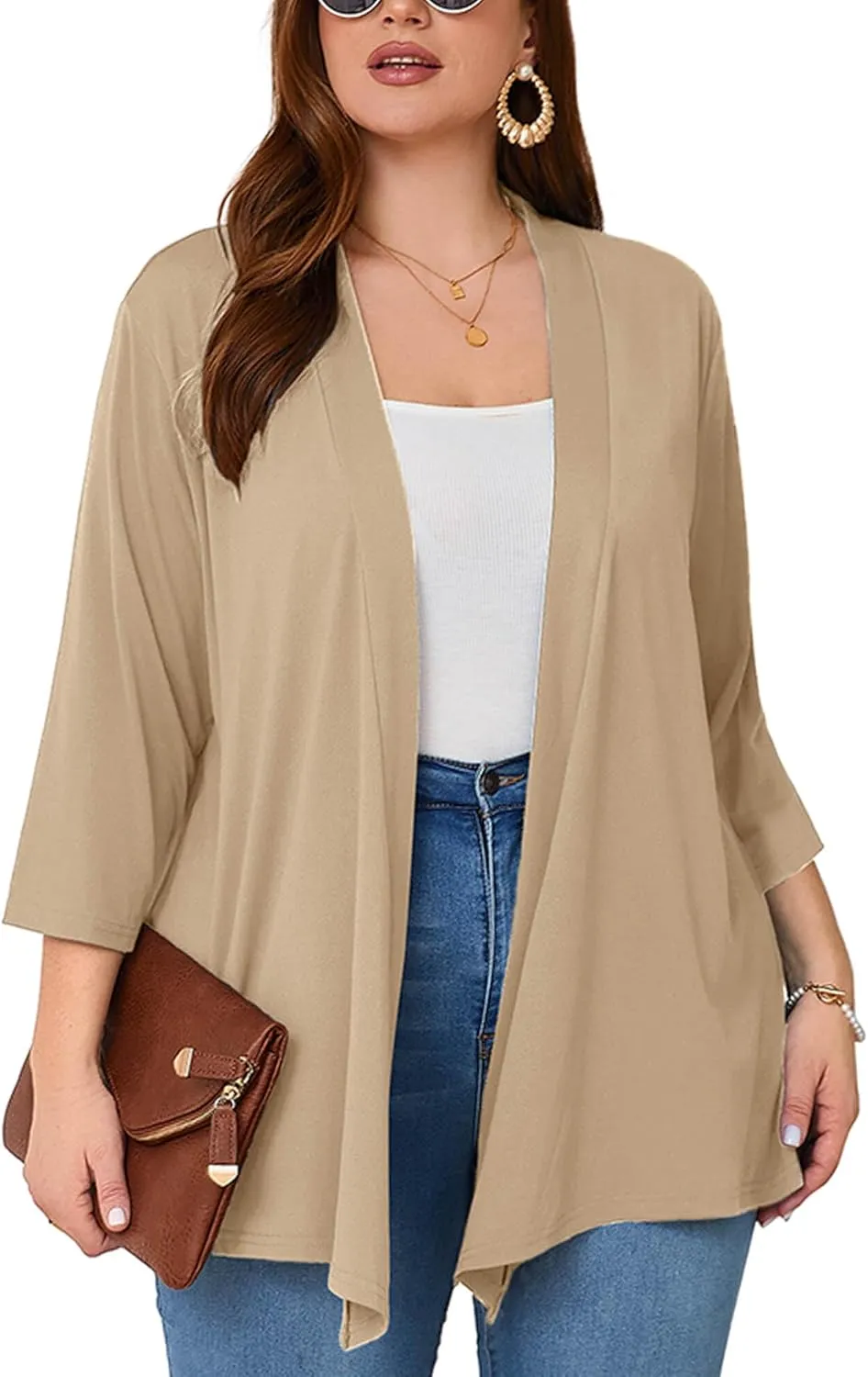 AusLook Women's Plus Size Lightweight Open Front Cardigan 3/4 Sleeve Cover Ups Shrugs Shawls and Wraps Kimono Jacket Coat