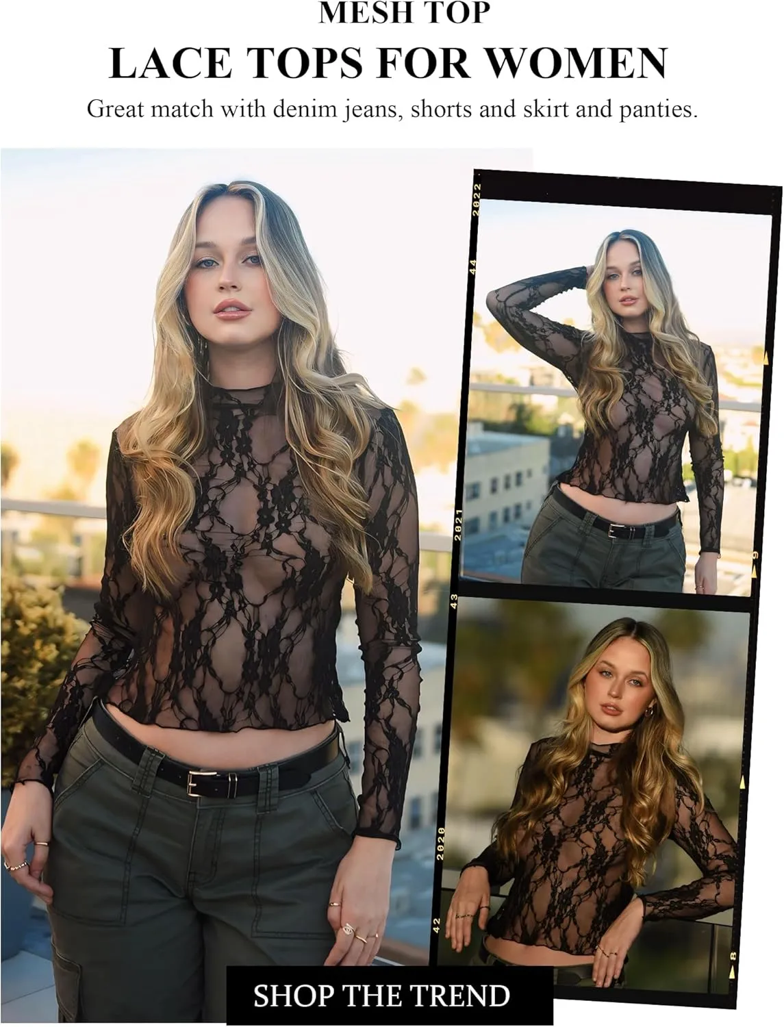 Avidlove Women's Mesh Top Long Sleeve Mock Neck Sheer Blouse See Through Floral Lace Tops