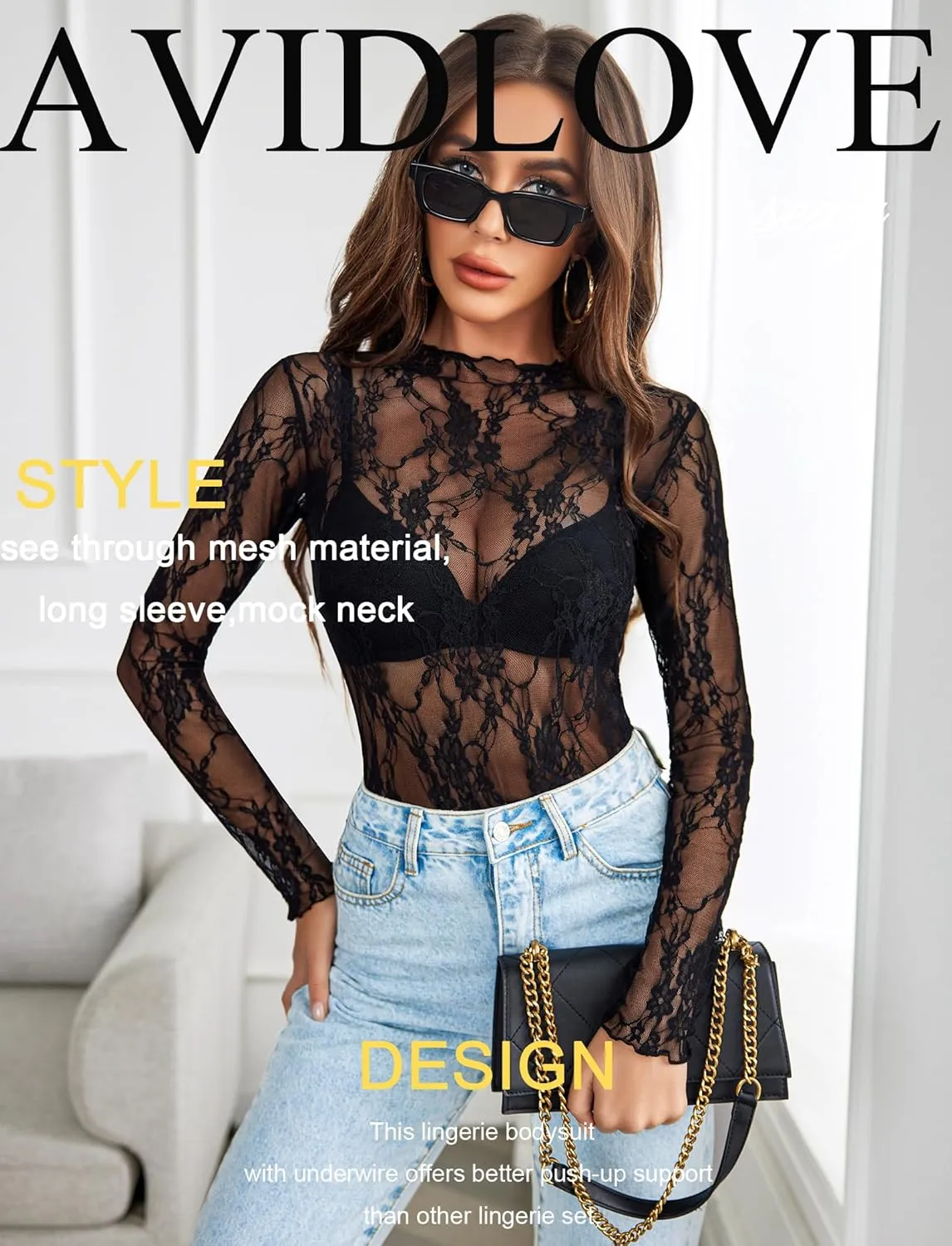 Avidlove Women's Mesh Top Long Sleeve Mock Neck Sheer Blouse See Through Floral Lace Tops