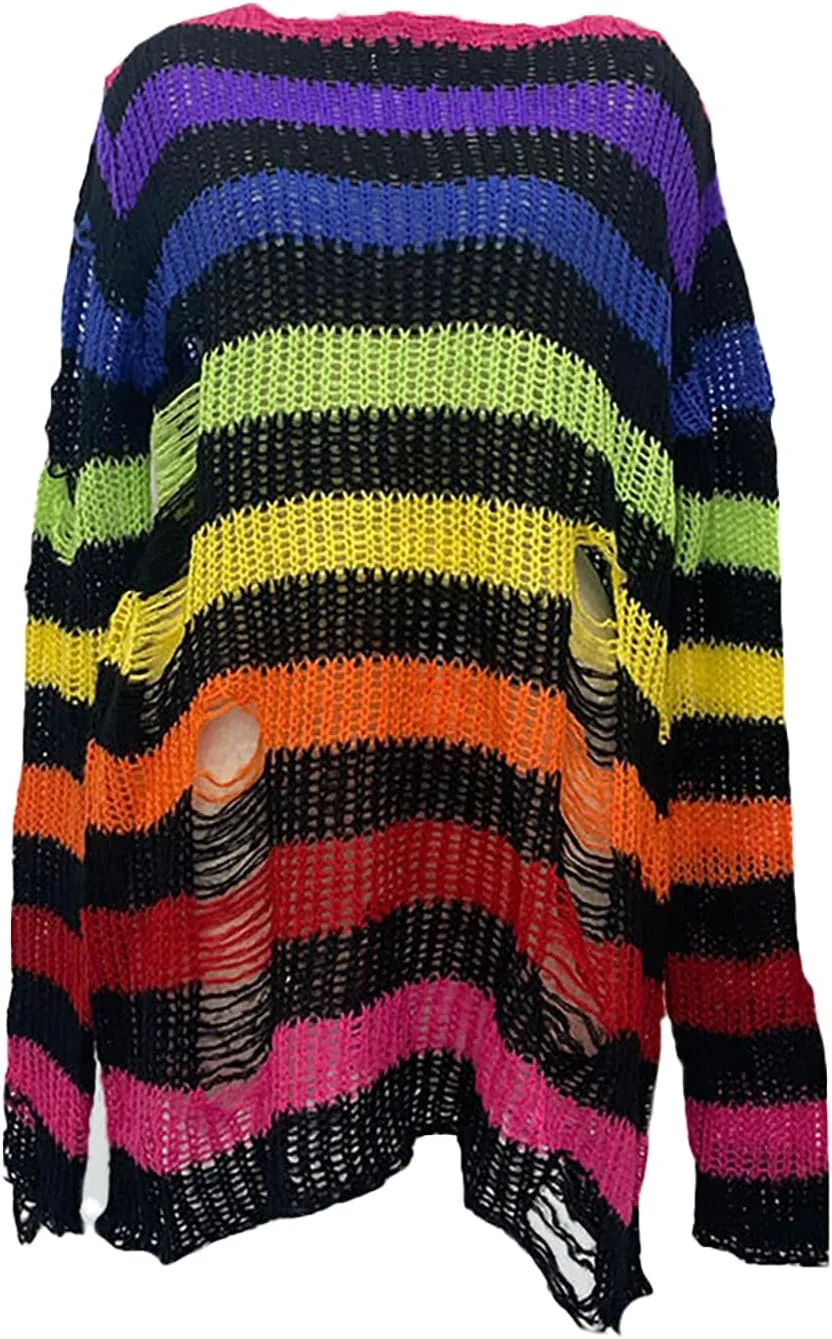 BAIMORE Women's Y2k Grunge Hollow Out Crochet Striped Long Sleeve Ripped Oversized Knit Top