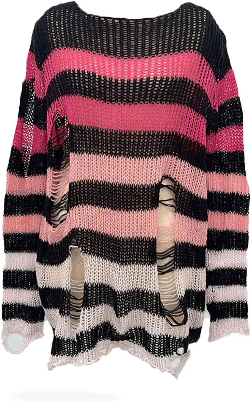 BAIMORE Women's Y2k Grunge Hollow Out Crochet Striped Long Sleeve Ripped Oversized Knit Top