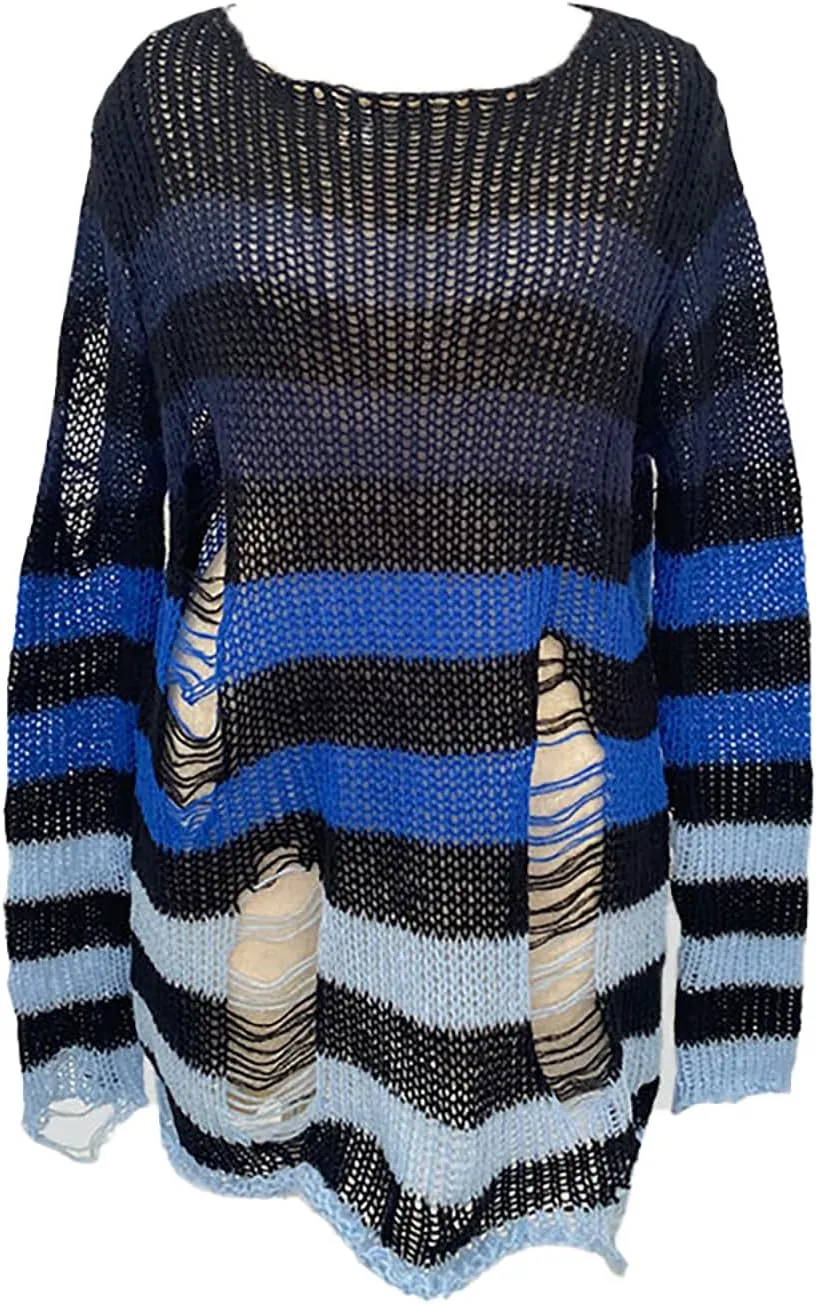 BAIMORE Women's Y2k Grunge Hollow Out Crochet Striped Long Sleeve Ripped Oversized Knit Top